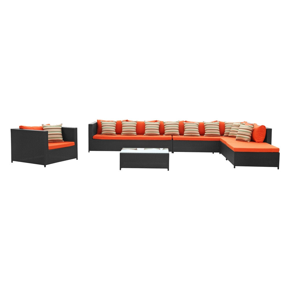 Fine Mod Imports Garden 7-Piece Outdoor Rattan, Espresso with Orange Cushion,