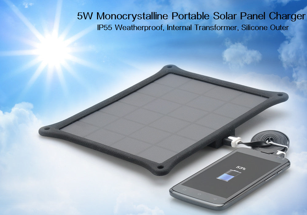 5W Portable Monocrystalline Solar Panel Charger - IP55 Weatherproof, Silicone Outer, Internal Transformer (Black)