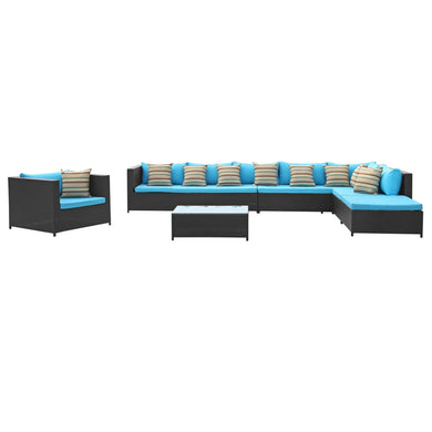 Fine Mod Imports Garden 7-Piece Outdoor Rattan, Espresso with Blue Cushion,
