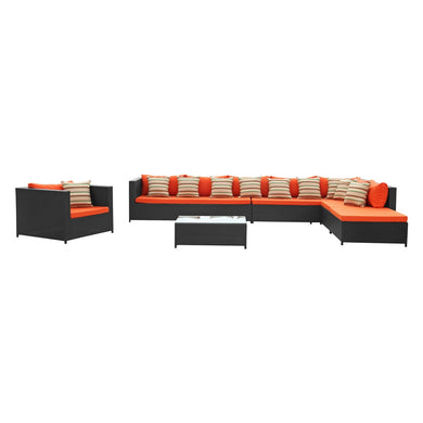 Fine Mod Imports Garden 7-Piece Outdoor Rattan, Espresso with Orange Cushion,