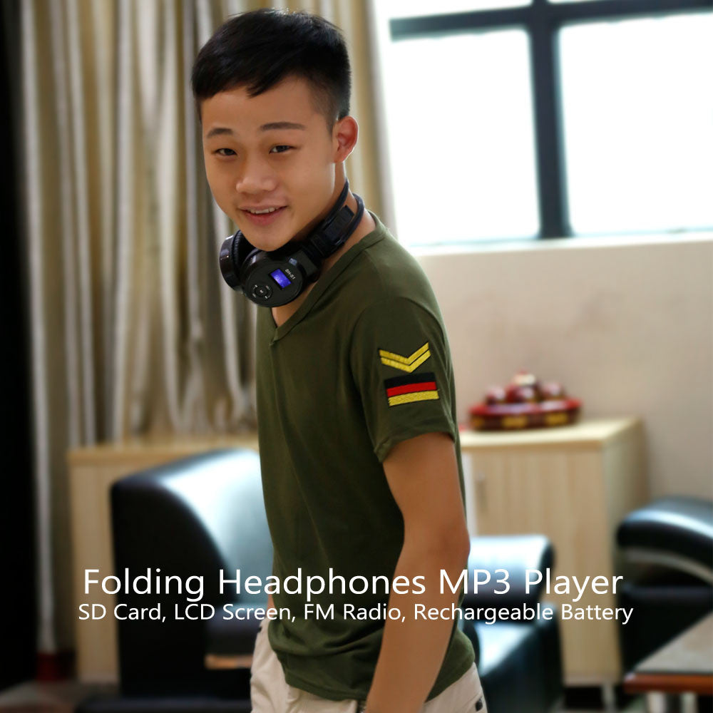 Folding Headphones MP3 Player - SD Card, LCD Screen, FM Radio, Rechargeable Battery