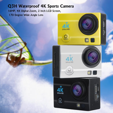 Q3H Waterproof 4K Sports Camera - 16MP, 4X Digital Zoom, 2 Inch LCD Screen, 170 Degree Wide Angle Lens (Black)