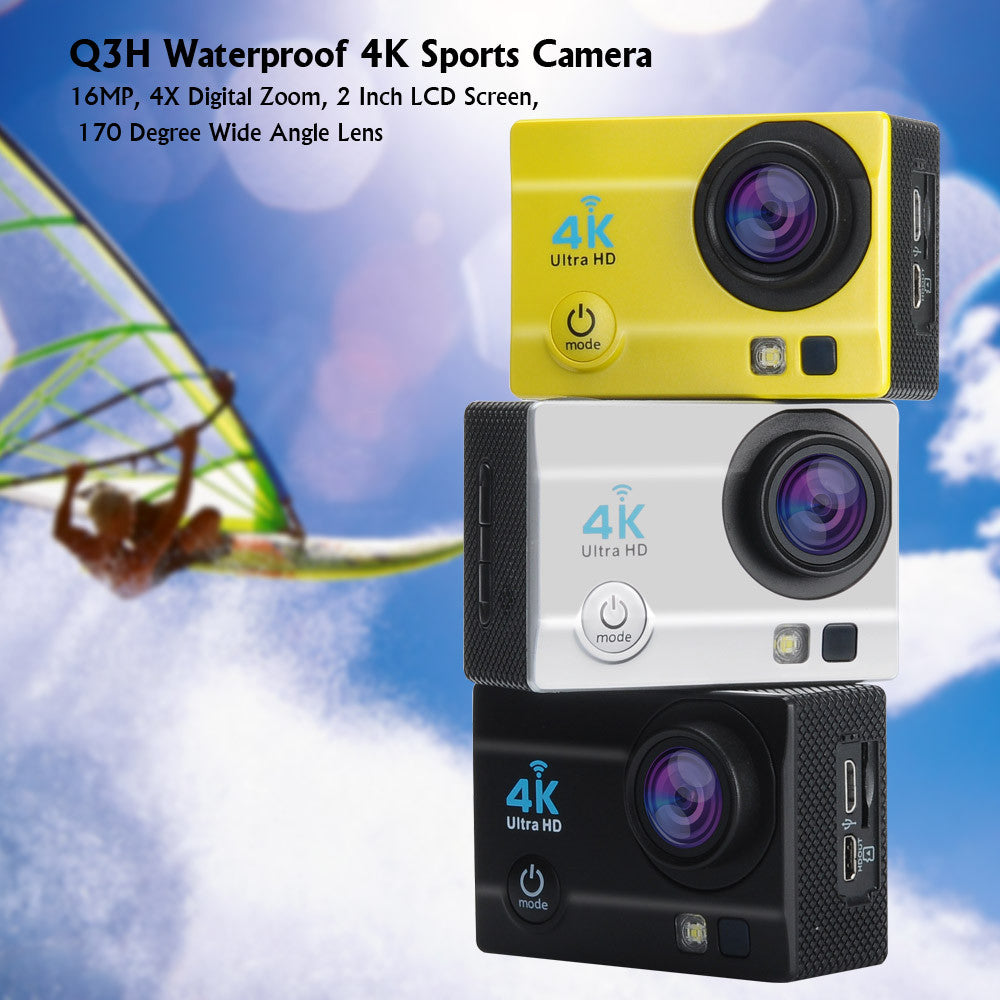 Q3H Waterproof 4K Sports Camera - 16MP, 4X Digital Zoom, 2 Inch LCD Screen, 170 Degree Wide Angle Lens (Black)