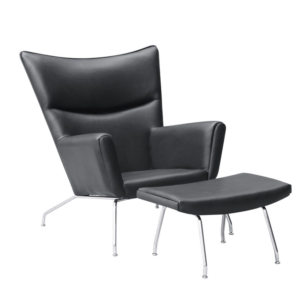 Fine Mod Imports Wing Chair and Ottoman in Leather, Black