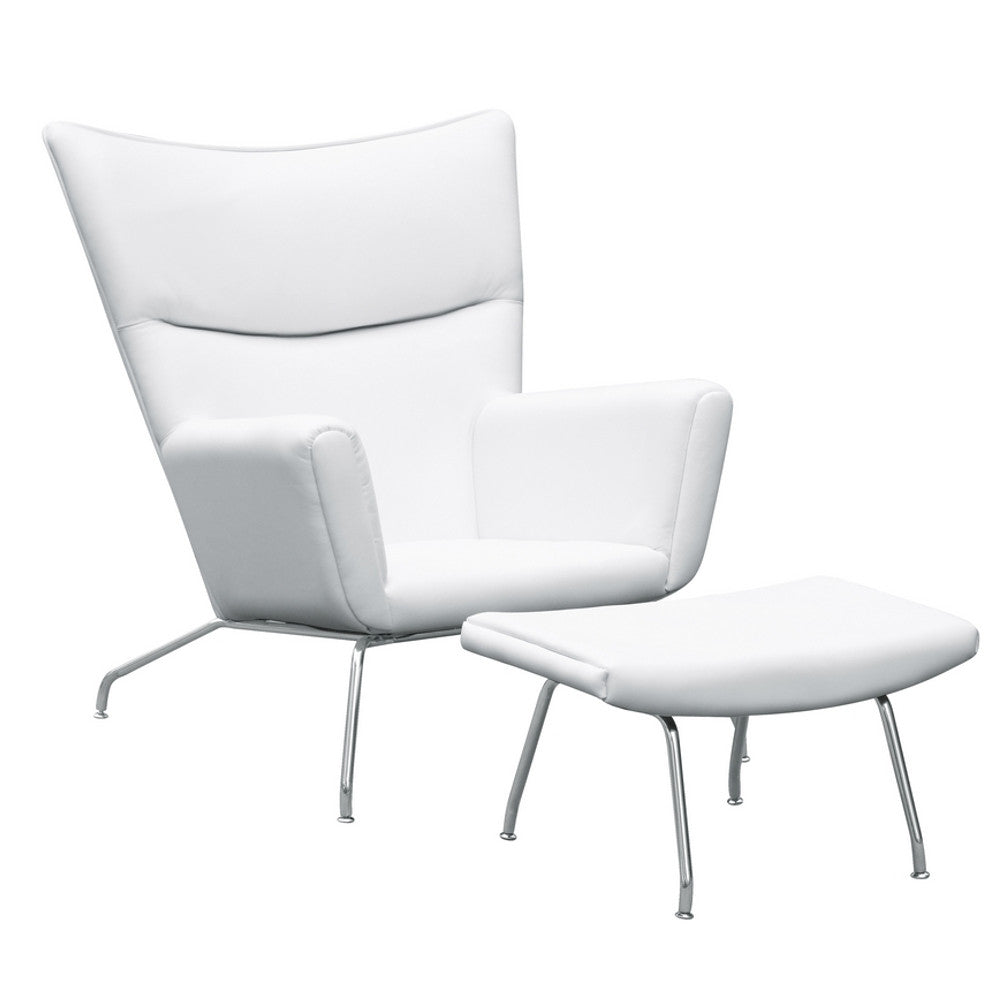 Fine Mod Imports Wing Chair and Ottoman in Leather, White