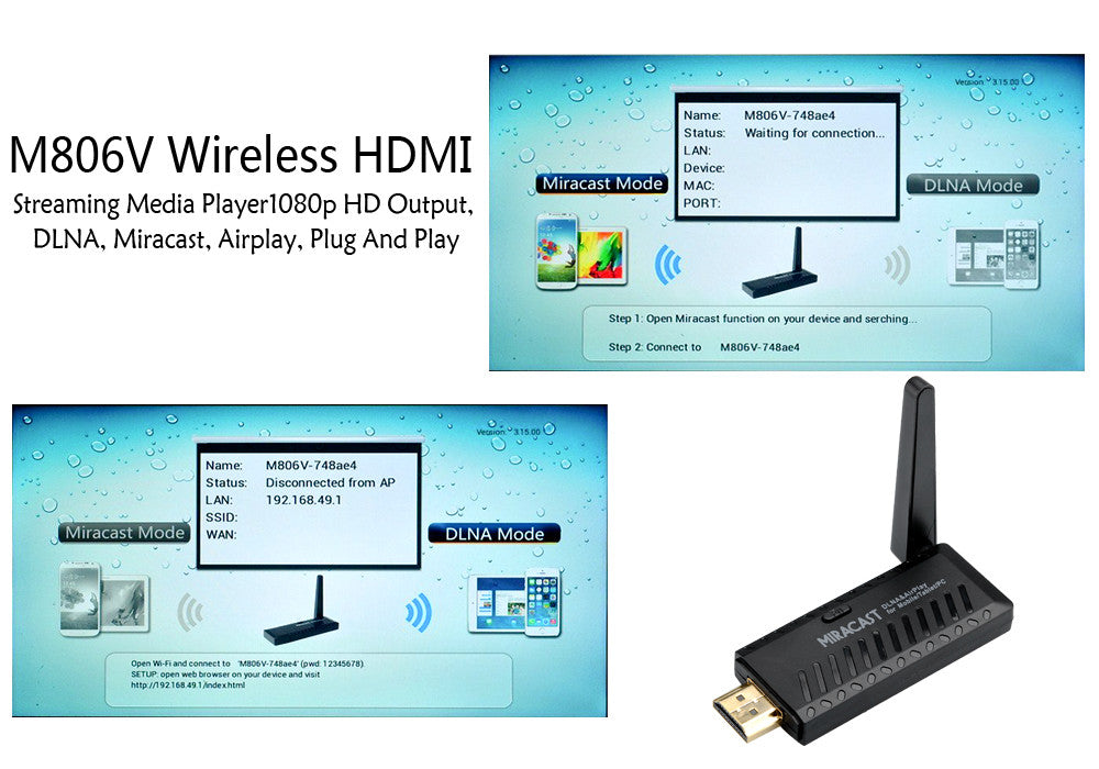 M806V Wireless HDMI Streaming Media Player - 1080p HD Output, DLNA, Miracast, Airplay, Plug And Play