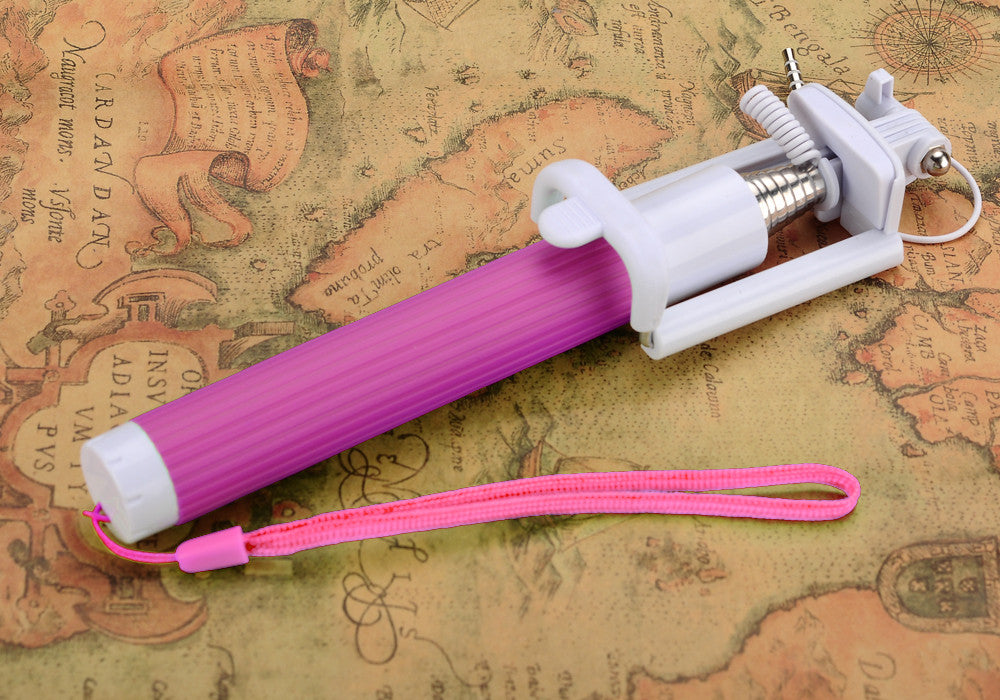 Selfie Stick for Android + iOS Mobile Phones - 6CM To 9.5CM Phone Clip, 21 To 77CM, Tilting Phone Clip, Wrist Strap (Red)