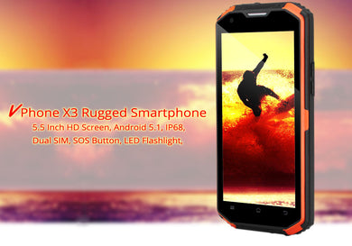 V Phone X3 Rugged Smartphone - 5.5 Inch HD Screen, Android 5.1, IP68,Dual SIM, SOS Button, LED Flashlight, Android 5.1 (Orange)