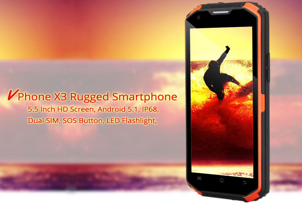 V Phone X3 Rugged Smartphone - 5.5 Inch HD Screen, Android 5.1, IP68,Dual SIM, SOS Button, LED Flashlight, Android 5.1 (Orange)