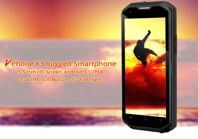 V Phone X3 Rugged Smartphone - Android 5.1, 5.5 Inch HD Screen, IP68, 4500mAh Battery, Two SIM, FM Radio (Black)