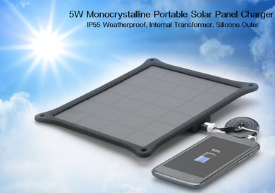 5W Portable Monocrystalline Solar Panel Charger - IP55 Weatherproof, Silicone Outer, Internal Transformer (Black)