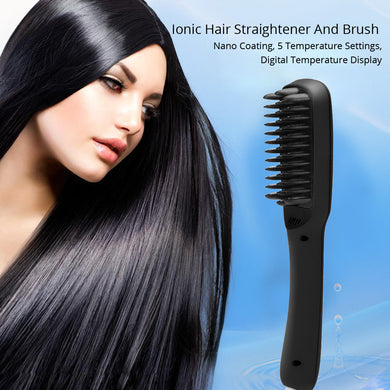 Ionic Hair Straightener And Brush - Digital Temperature Display, Nano Coating, 5 Temperature Settings (Black)