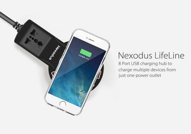 Nexodus LifeLine 8 Port USB Charging Station- Wireless Qi Charging, LED Indicator, USB-C Cable, iPhone Qi Receiver (Black)