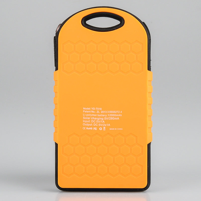 Rugged 12000mAh Solar Power Bank - 4 Adapters, Dual USB Output, IPX6 Waterproof, Dust Proof, Shock Proof, LED Light