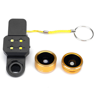 Universal 4 in 1 Phone Lens Kit- 198 Degree Fisheye Lens, 15X Macro Lens, 0.4x Wide Angle Lens, 4 LED Lights (Gold)