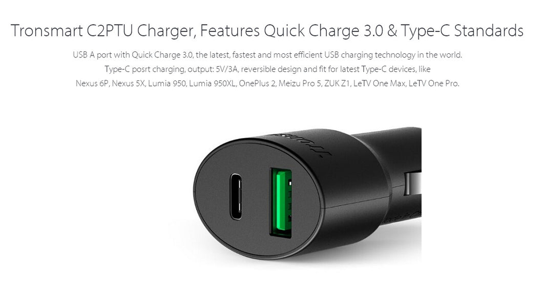 Tronsmart C2PTU Car Charger - Qualcomm Quick Charge 3.0, Volt IQ, USB Type C
