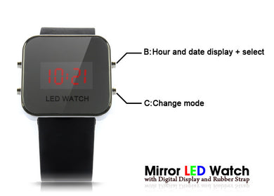 Mirror LED Watch with Digital Display and Rubber Strap