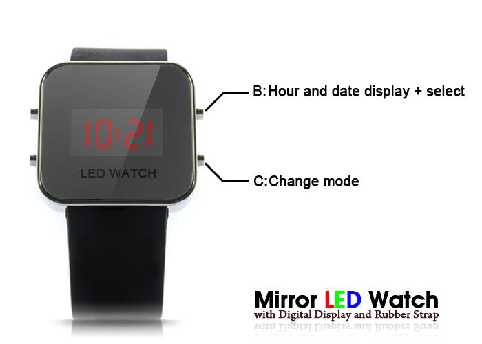 Mirror LED Watch with Digital Display and Rubber Strap